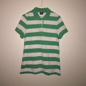 Green and white stripped button shirt.